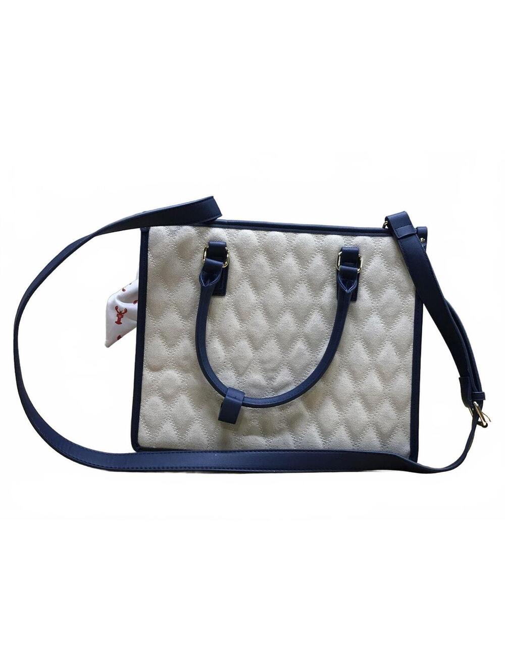 Betsey Johnson Scarf Accent Quilted Tote Bag Navy White Structured Purse - Picture 3 of 7